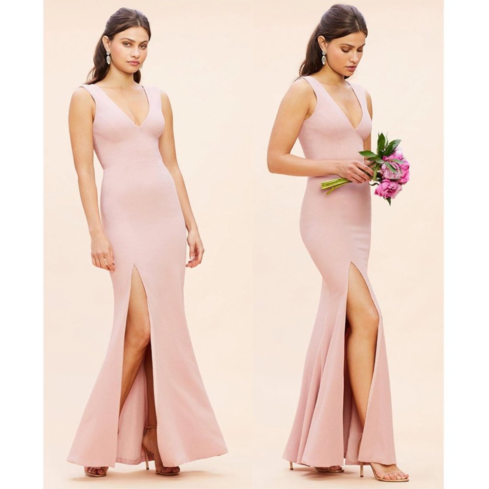 NWT Dress The Population Sandra Gown Crepe Maxi Dress Plunging V-Neck Blush Pink